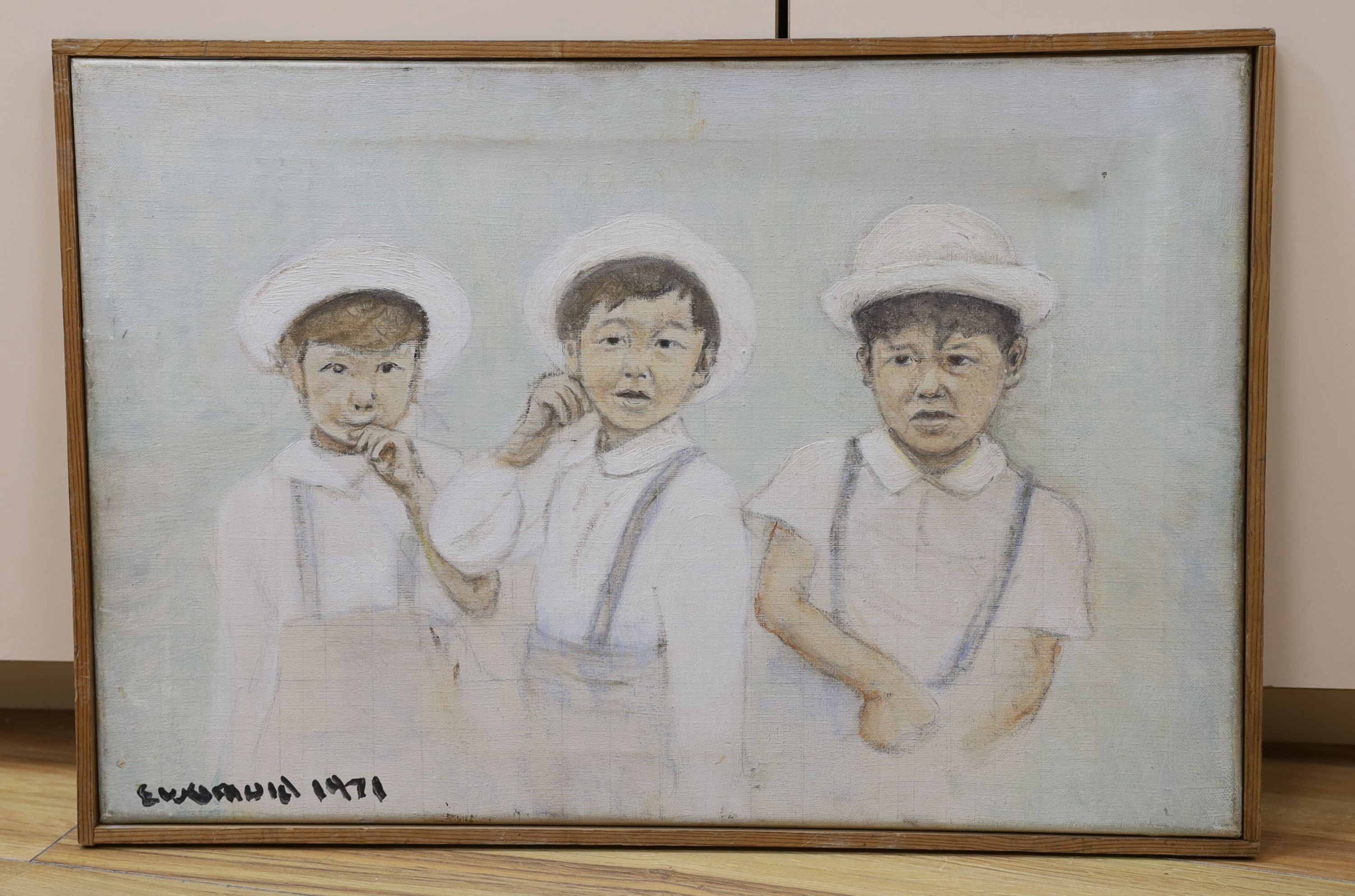 An oil on canvas, Triple portrait of Prince Hiro of Japan, signed and dated 1971, 40 x 60cm